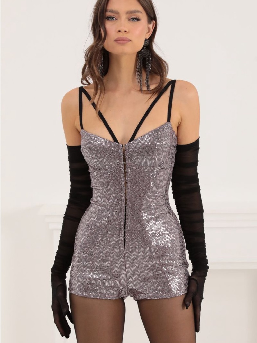 Rada Sequin Hook and Eye Romper in Rose Gold - size S